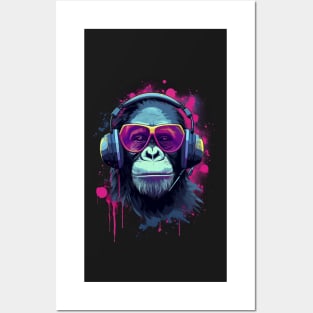 Retro Synthwave Chimpanzee Listening to Music Posters and Art